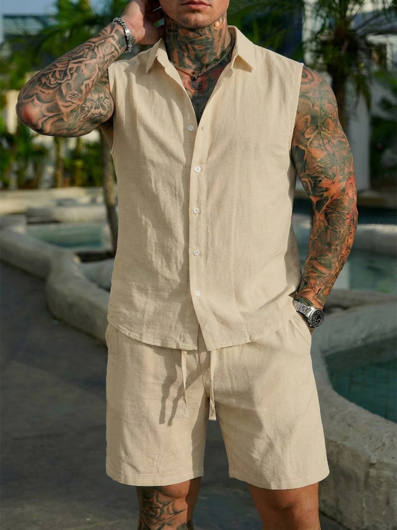 Summer Clothing Men Linen - Letni lniany zestaw koszulowy dla mężczyzn,