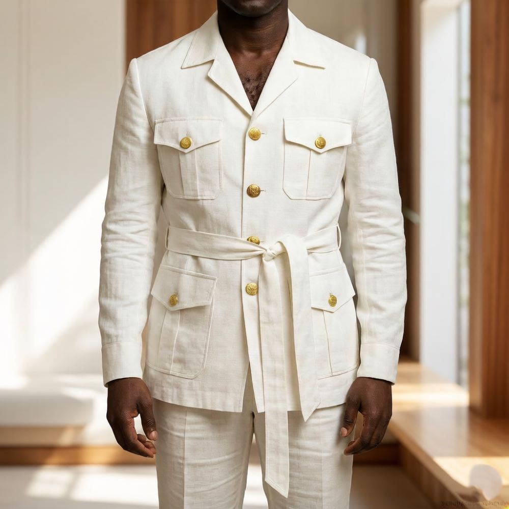 Summer Clothing Men Linen - Męskie lniane garnitury safari w kolorze