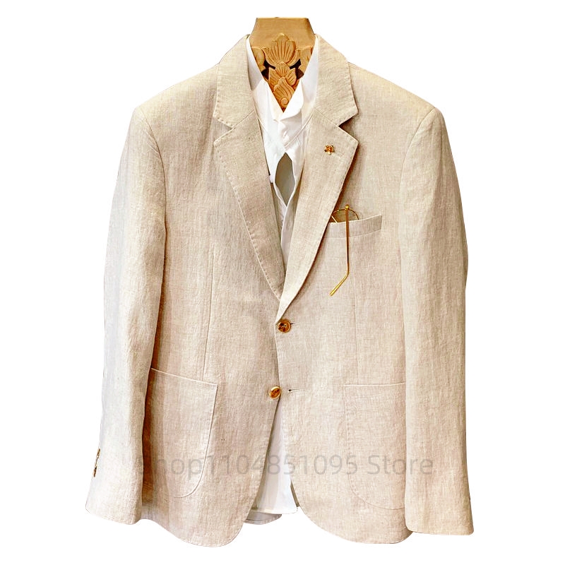 Summer Clothing Men Linen - Beżowy Lniany Garnitur Męski Wiosna Lato